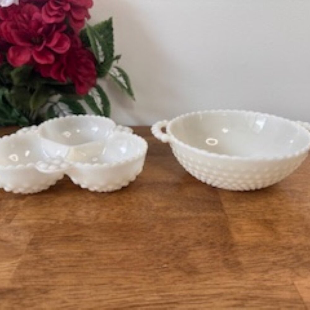 Vintage Hobnail Milk Glass Bowl and Divided Dish Set – Creamy White Textured Gla